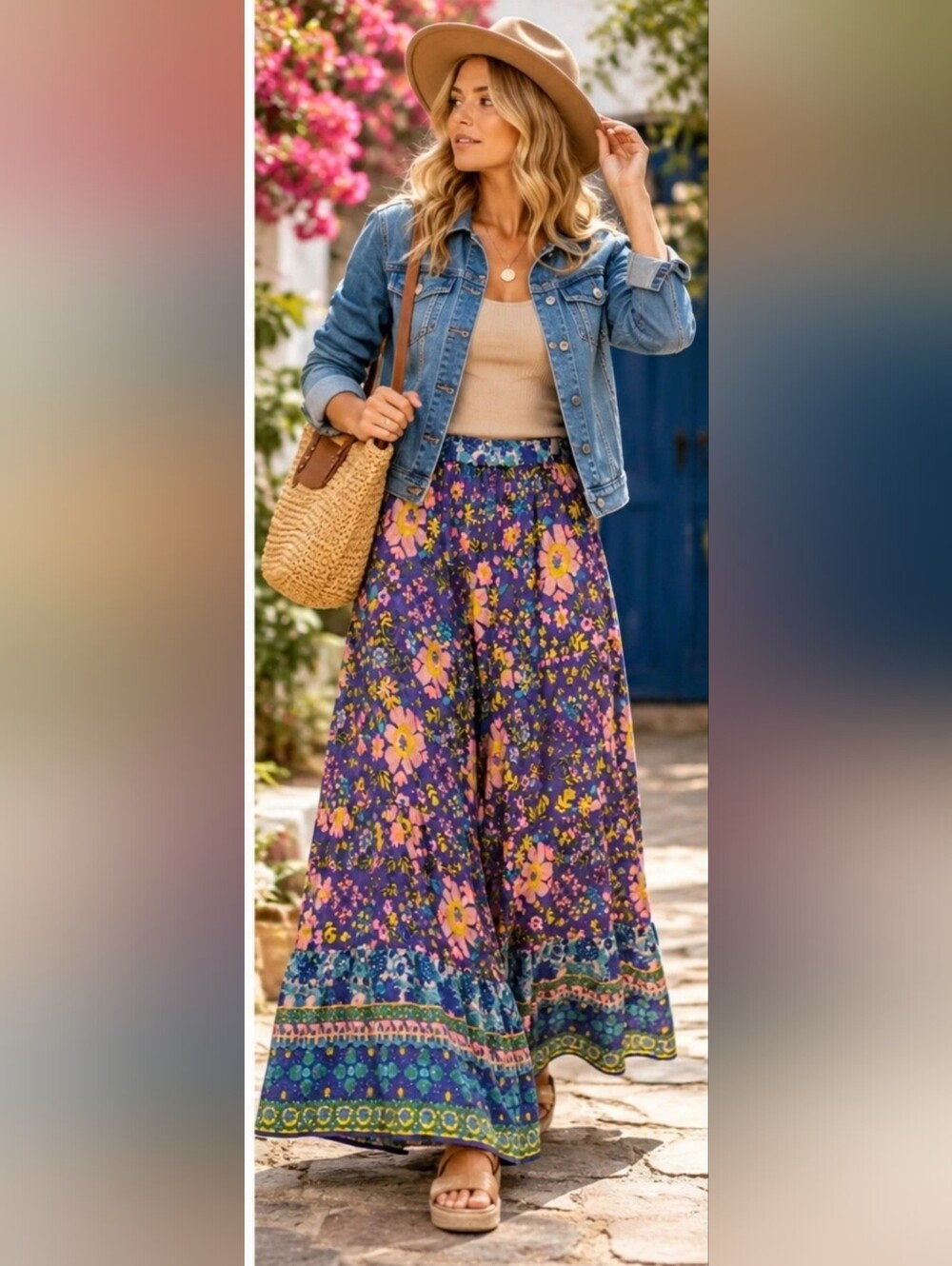 Natural Life L Purple Floral Wide Leg Palazzo Pants Boho Tiered Rayon
